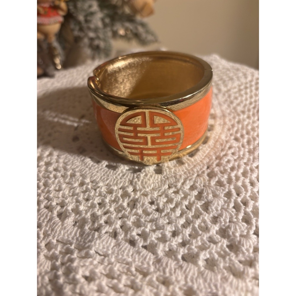 Vintage Chinese Orange Enamel Double Happiness Bracelet Hinged